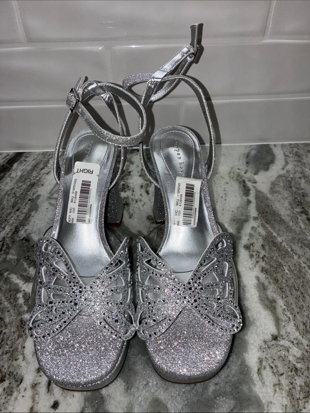 Silver Glitter Butterfly Heeled Sandals - Women by Copper Key.